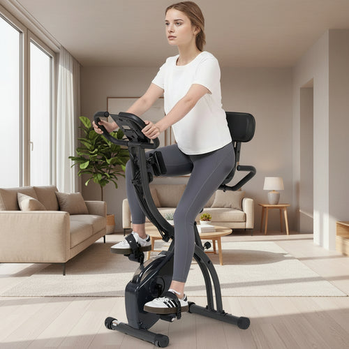 3-In-1 Exercise Bike Quiet Folding Magnetic Stationary Exercise Bikes with Arm Resistance Bands Home Workout Use