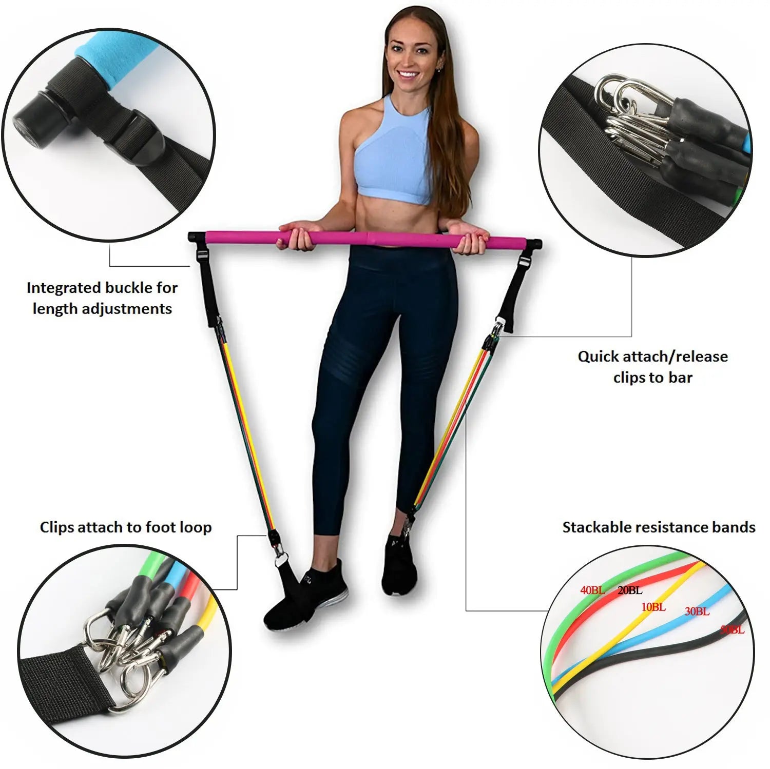 Portable Fitness Yoga Pilates Bar – Elastic Resistance Bands Home Gym Equipment Copper Hecuba