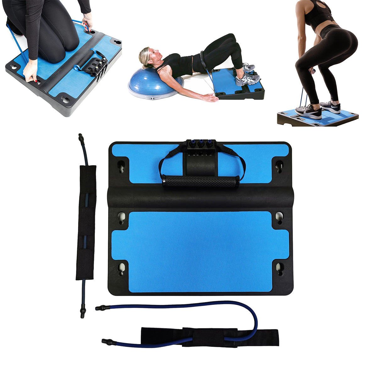 Blue exercise mat with handles and resistance band, used for various fitness activities.