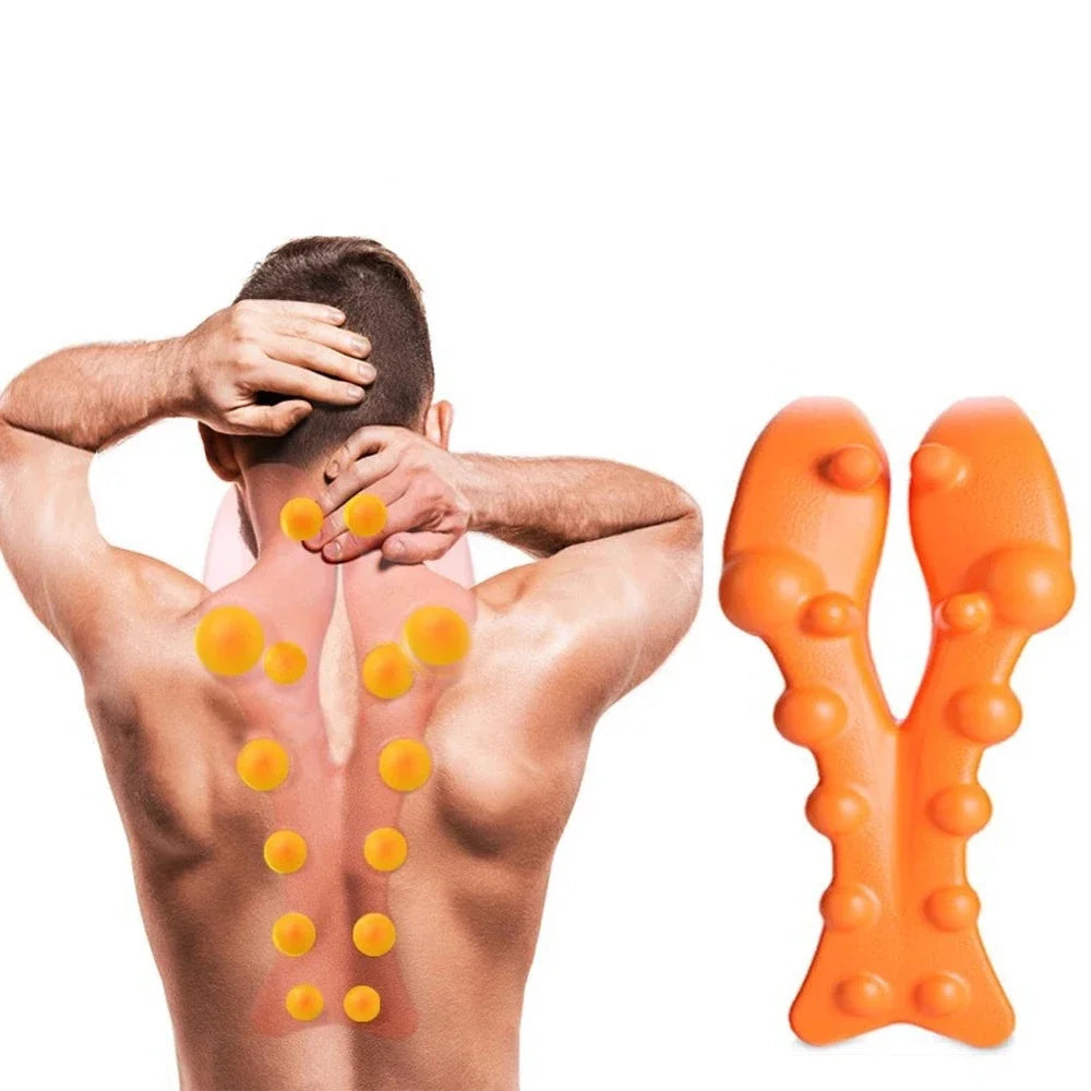Man with back pain, orange massage tool, and anatomical diagram on a white background