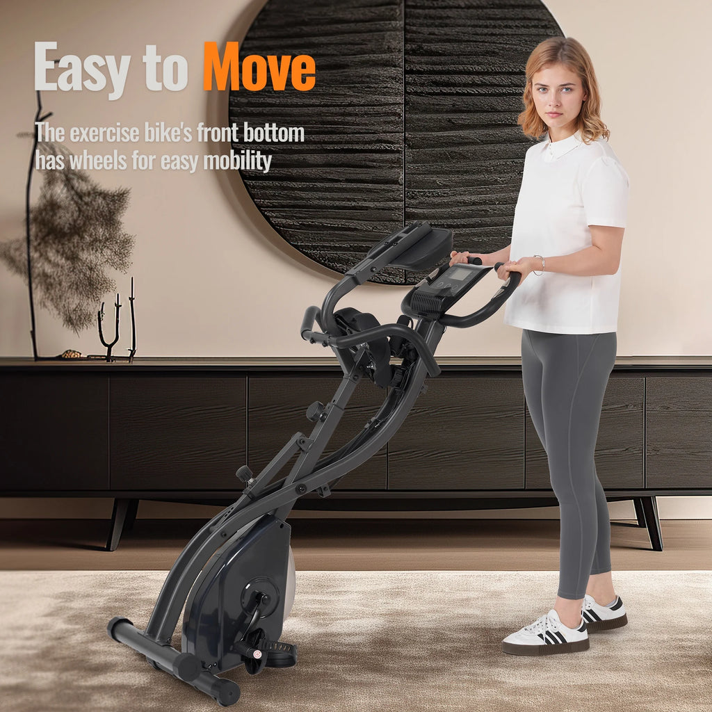 3-In-1 Exercise Bike Quiet Folding Magnetic Stationary Exercise Bikes with Arm Resistance Bands Home Workout Use