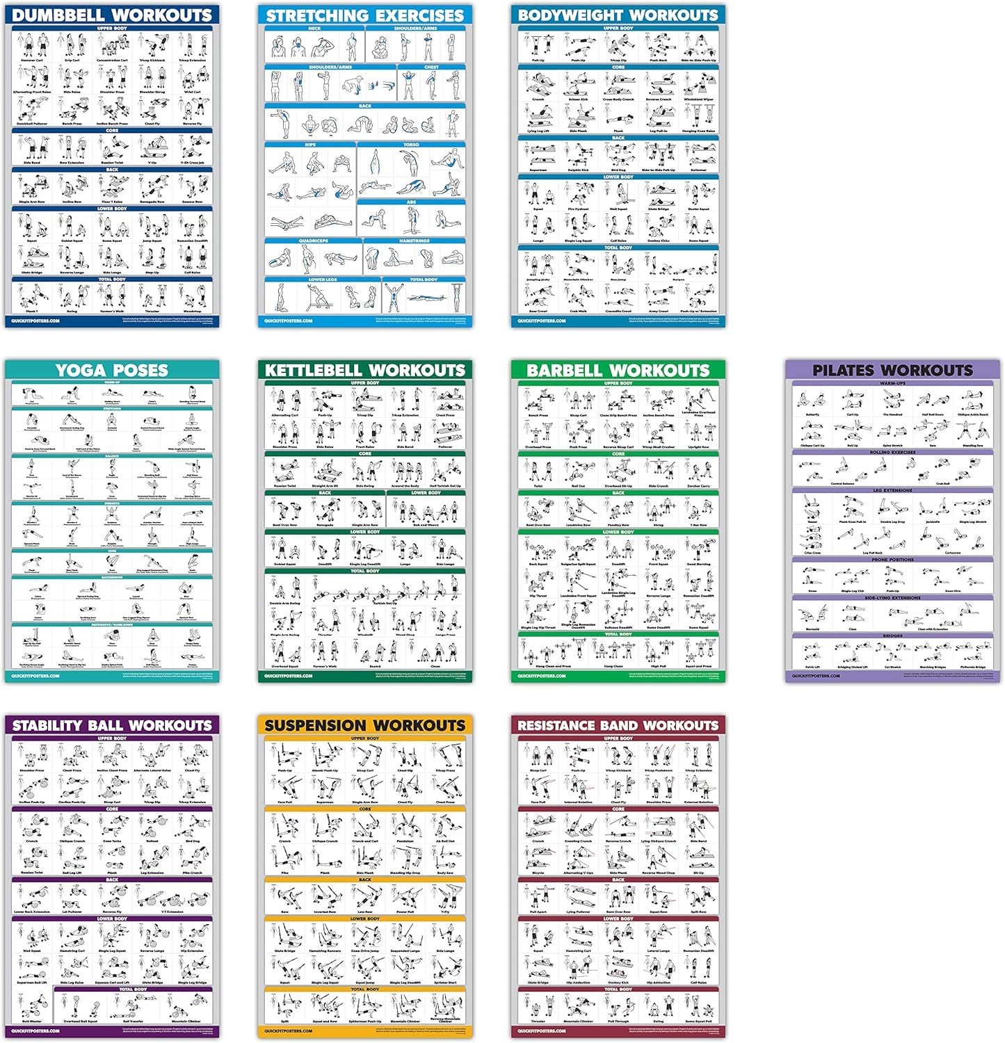 Quickfit 10 Pack - Exercise Workout Poster Set - Pilates, Dumbbell, Suspension, Kettlebell, Resistance Bands, Stretching, Bodyweight, Barbell, Yoga Poses, Exercise Ball (LAMINATED, 18" X 24")