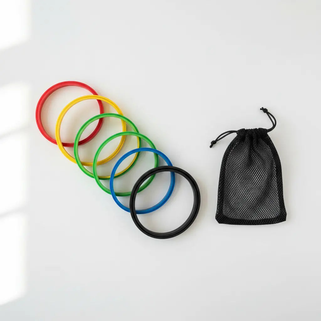Flat lay of 5 resistance loop bands with pouch