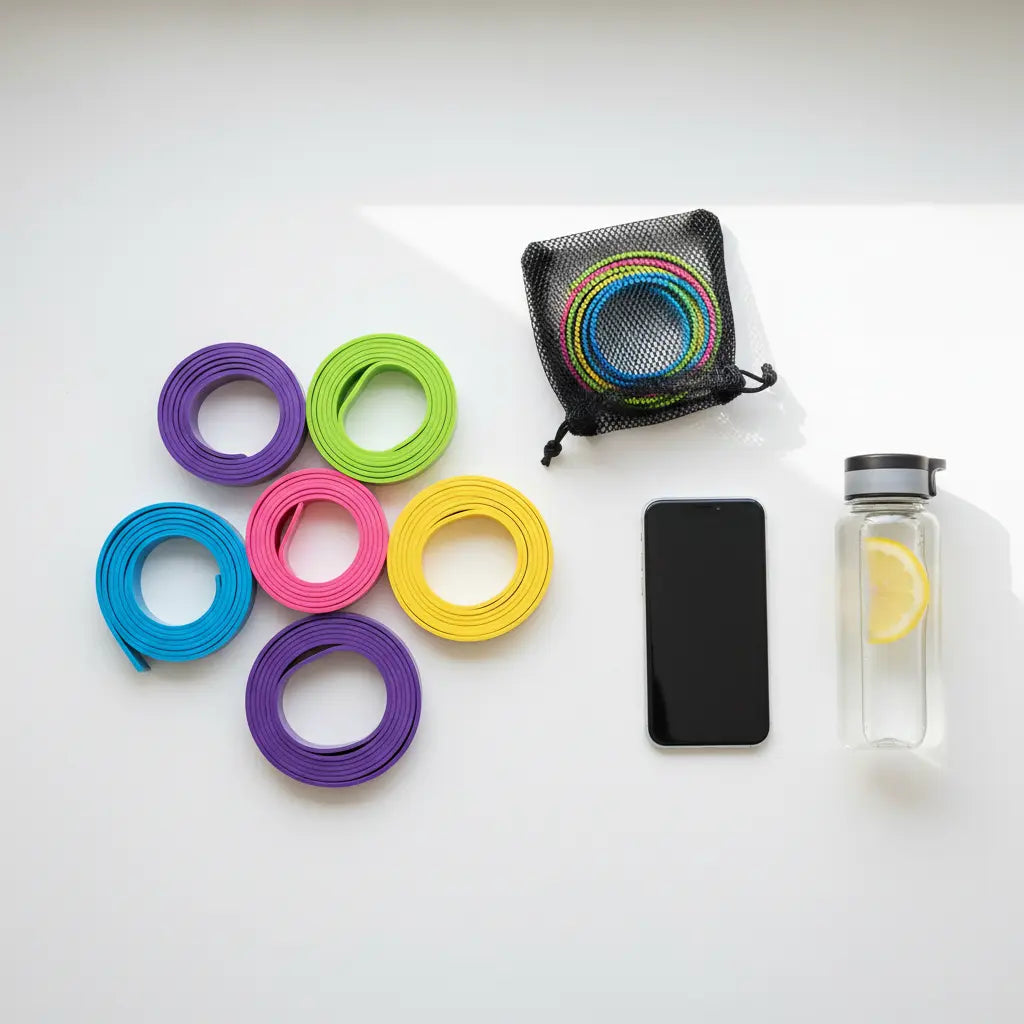 Flat lay of resistance bands with carrying pouch