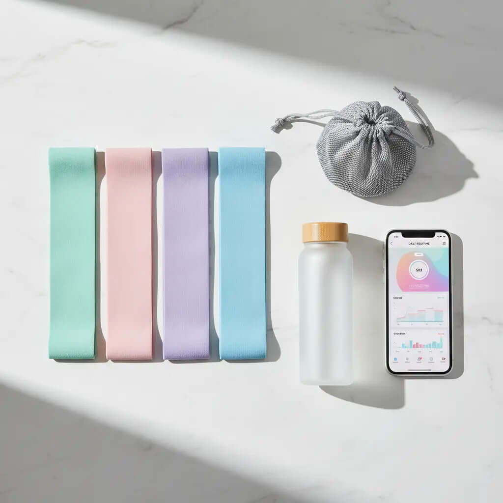 Flat lay product shot with bands and pouch