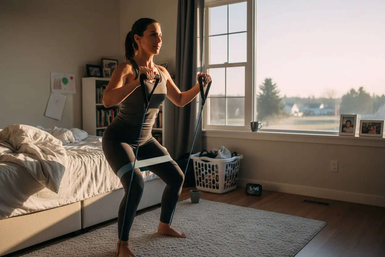 Mom doing early morning full-body resistance band workout in bedroom