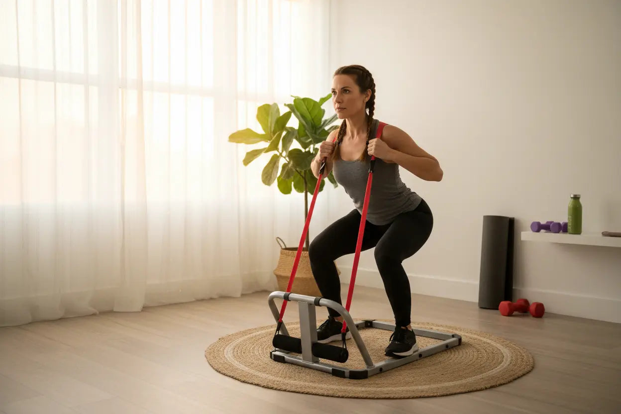 Mom using squat machine with resistance bands in bright home gym
