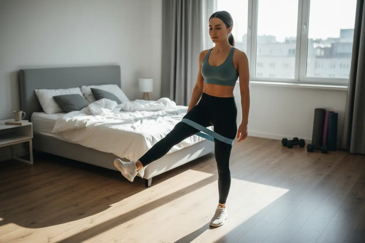 Mom doing standing leg abduction with resistance band in early morning bedroom workout