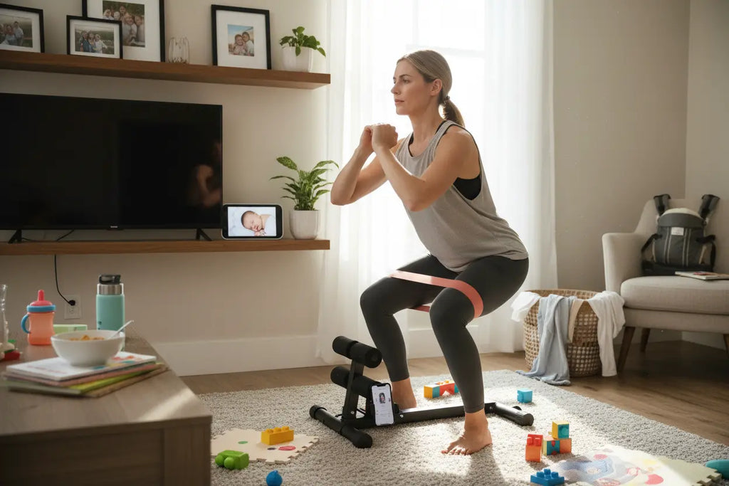 Busy mom doing glute workout on squat trainer with baby monitor nearby