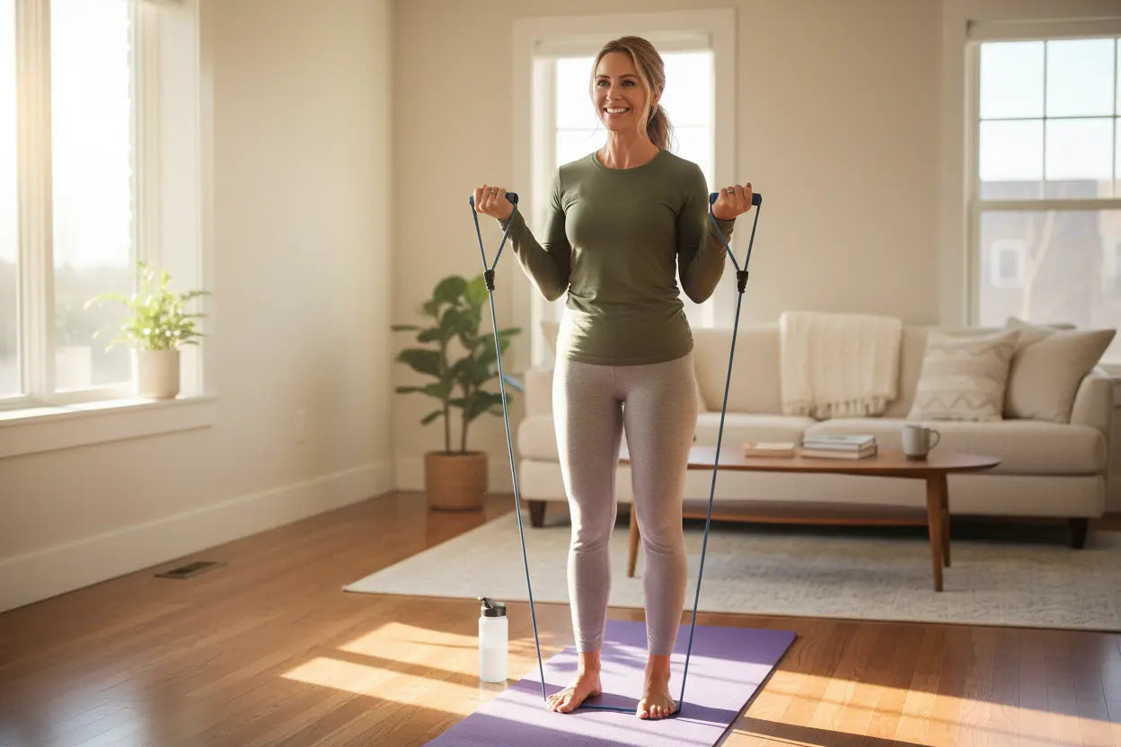 Mom doing bicep curls with resistance bands