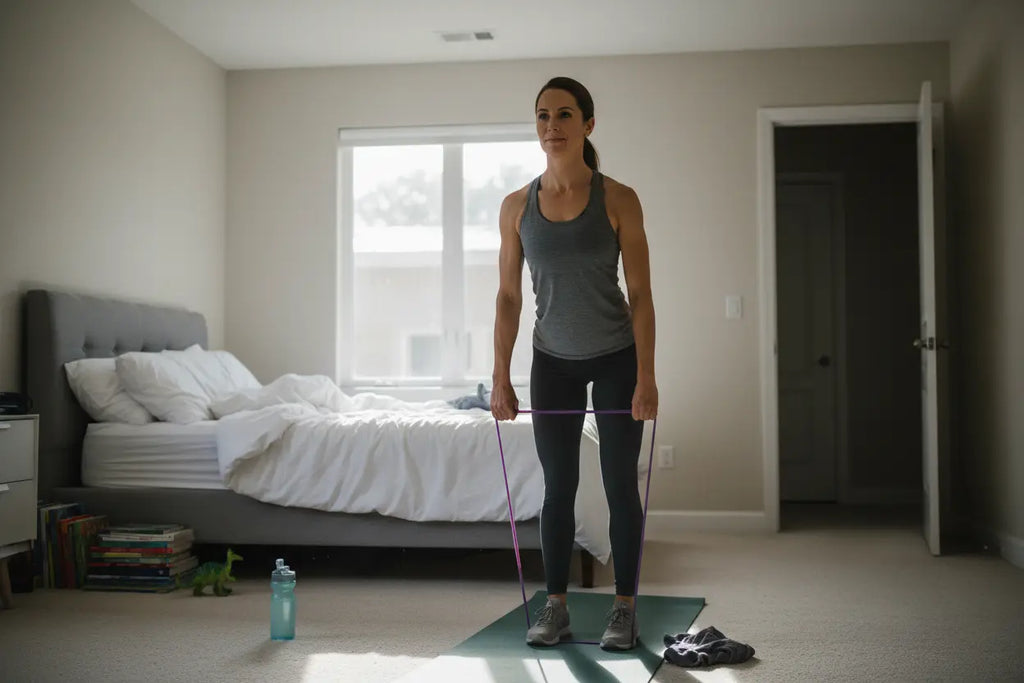 Mom doing early morning resistance band rows