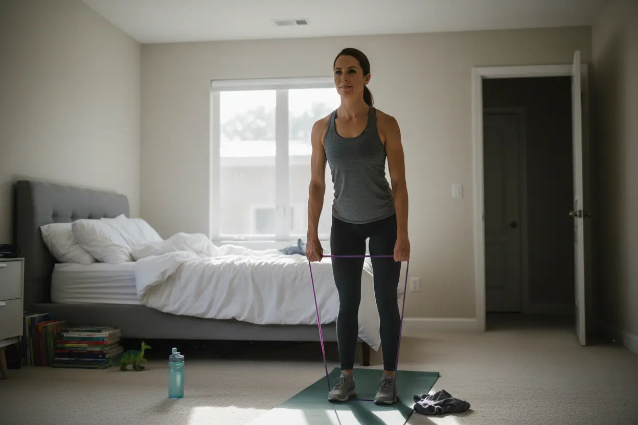 Mom doing early morning resistance band rows