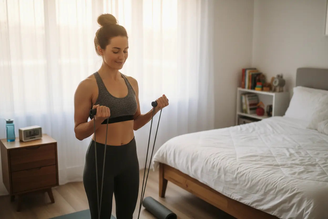 Mom doing early morning upper body workout
