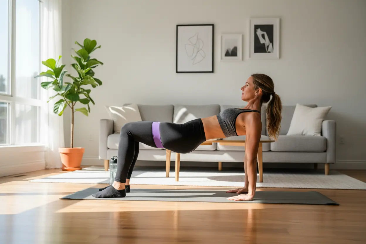 Mom doing glute bridge exercise in living room
