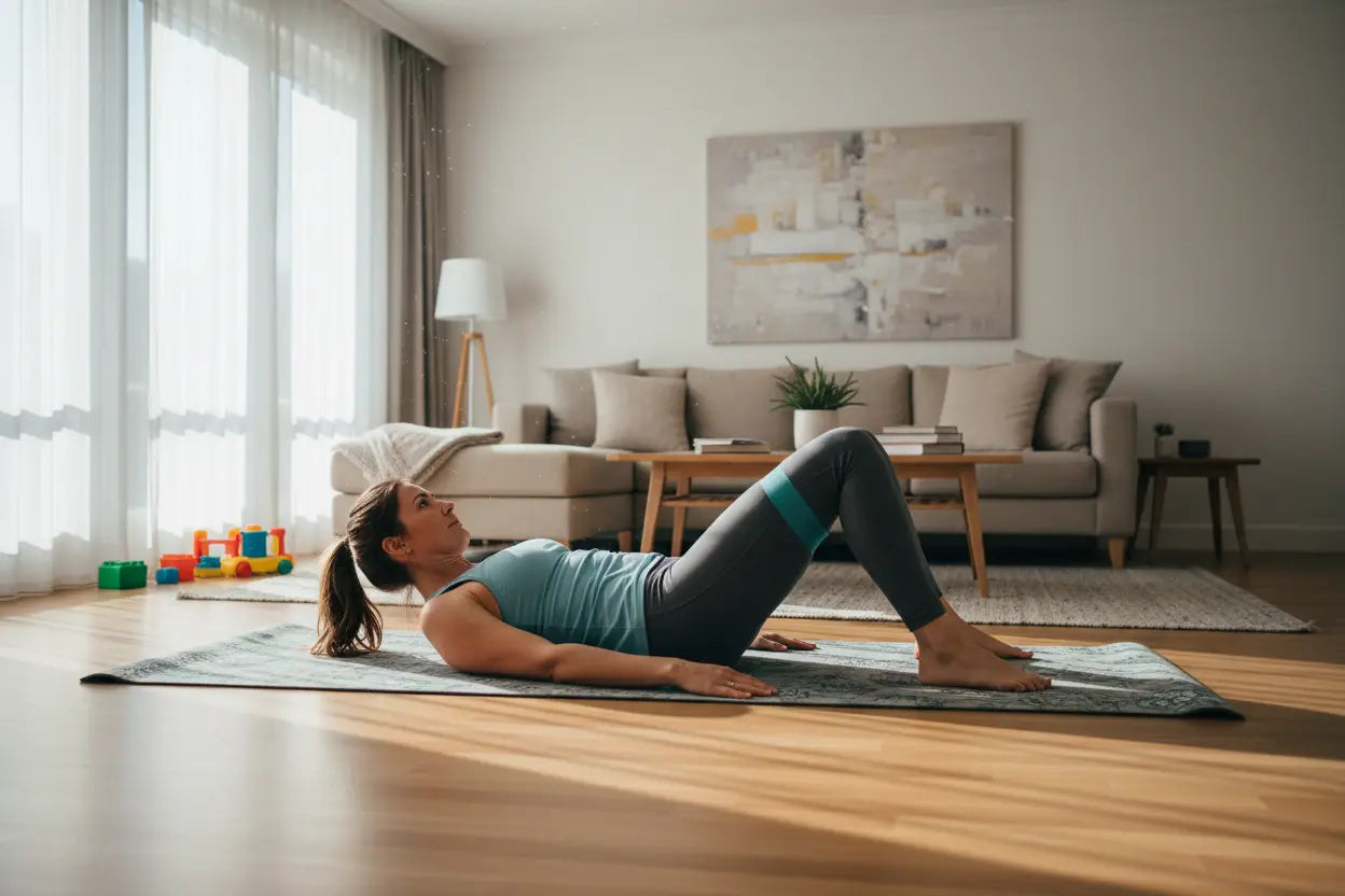 Mom doing glute bridges with resistance band