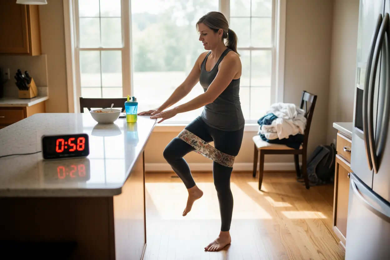 Mom doing quick workout in kitchen