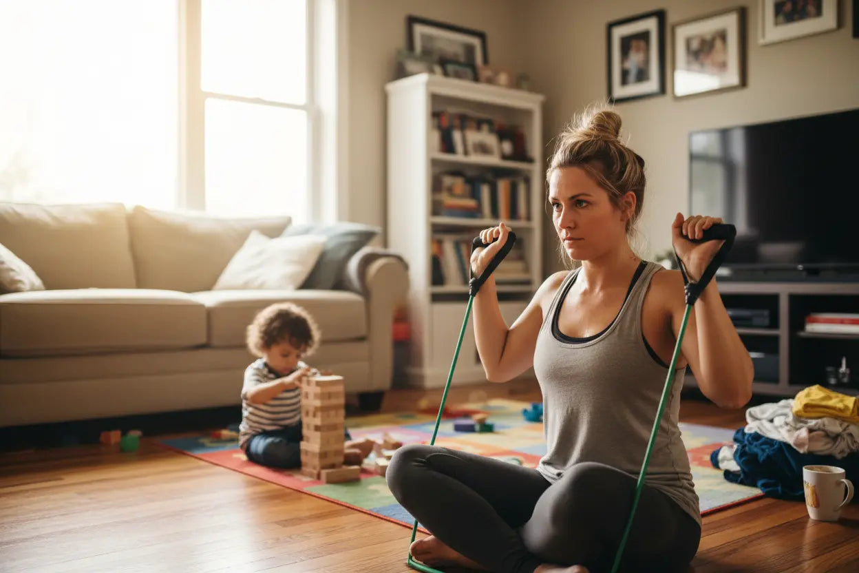 Mom doing shoulder exercises with child playing nearby