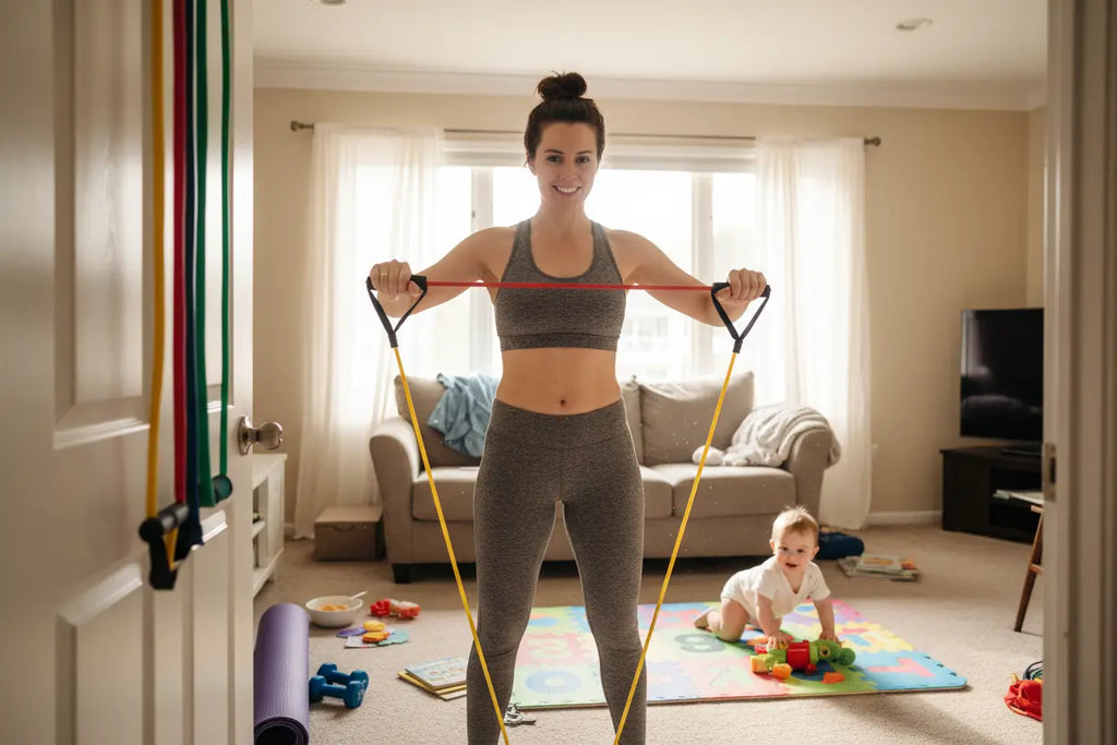 Mom doing upper body workout with baby playing nearby