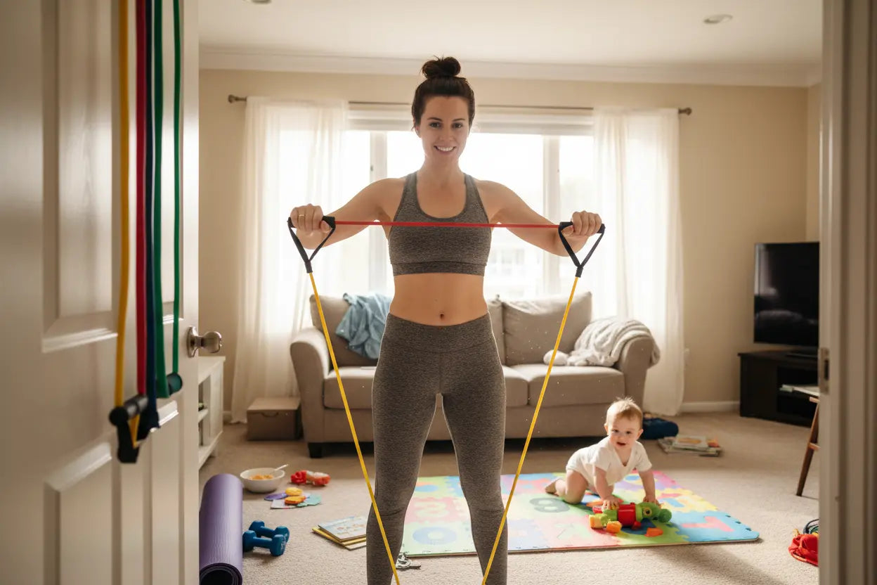 Mom doing upper body workout with baby playing nearby