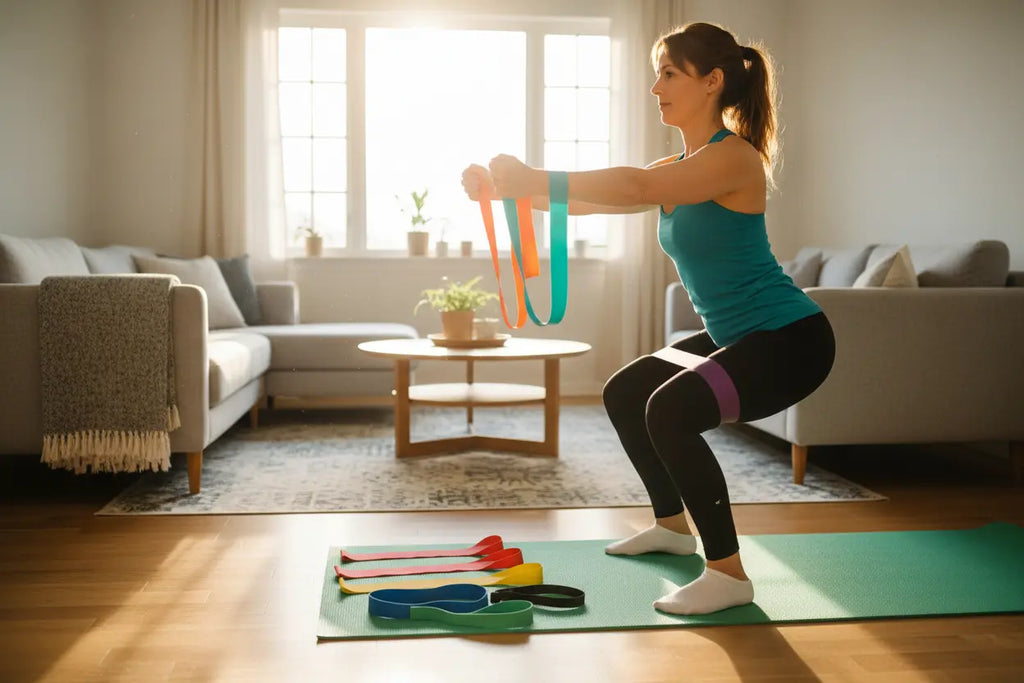 Mom using colorful resistance bands for leg exercises