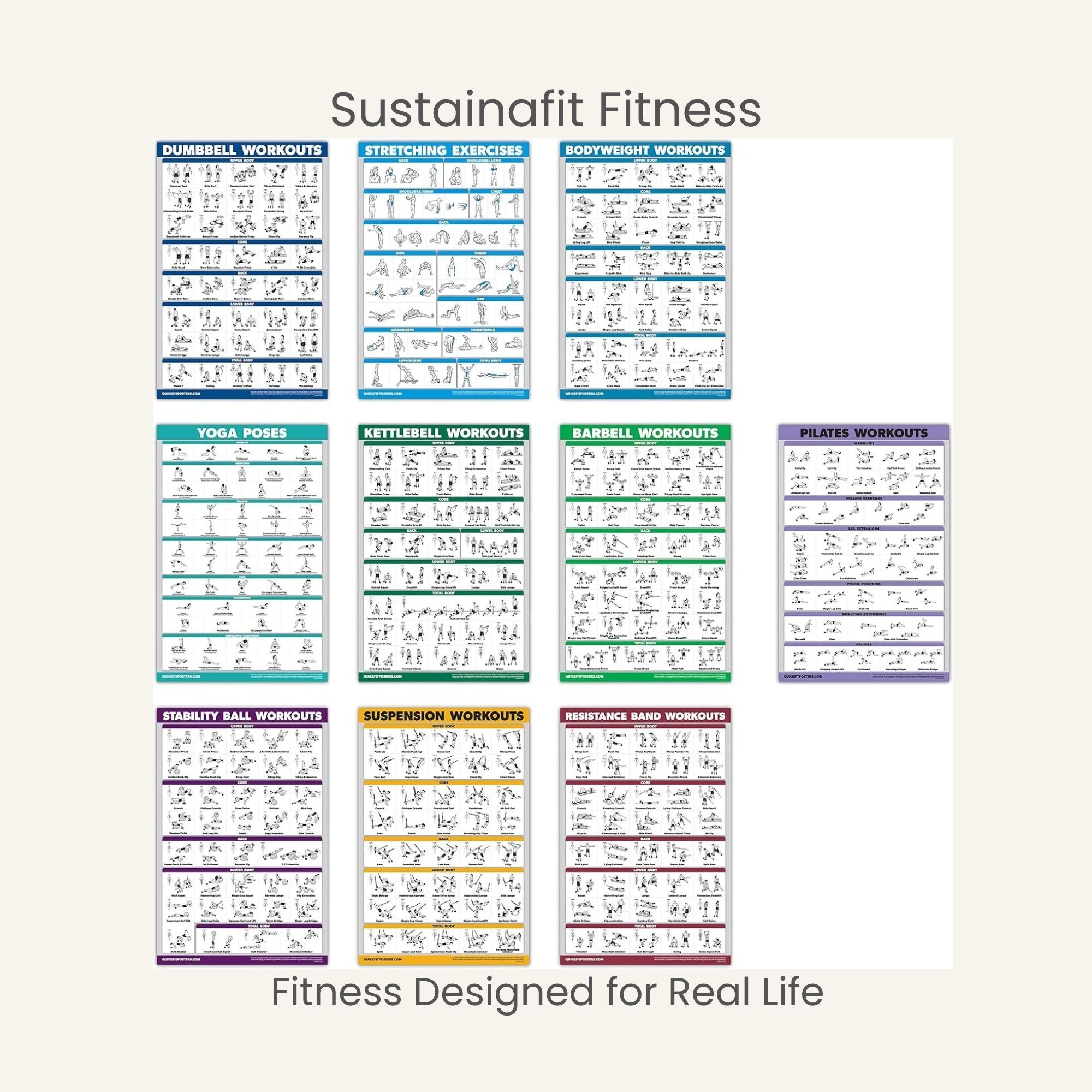 Workout Poster Set (10 Pack) | At-Home Exercise Guides for Women by SustainaFit Fitness
